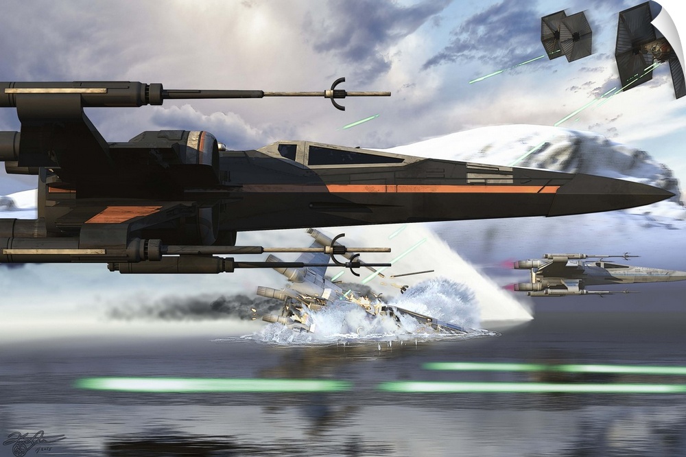 Side view of an X-Wing ship flying near attacking TIE Fighters.