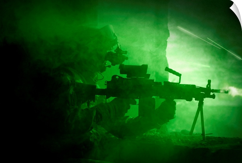 Night vision view of a U.S. Army Ranger in Afghanistan combat scene.
