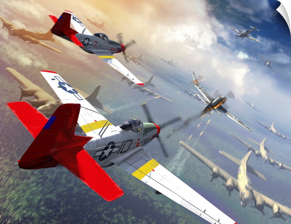 P-51 Mustangs escorting B-17 bombers from German fighter planes.