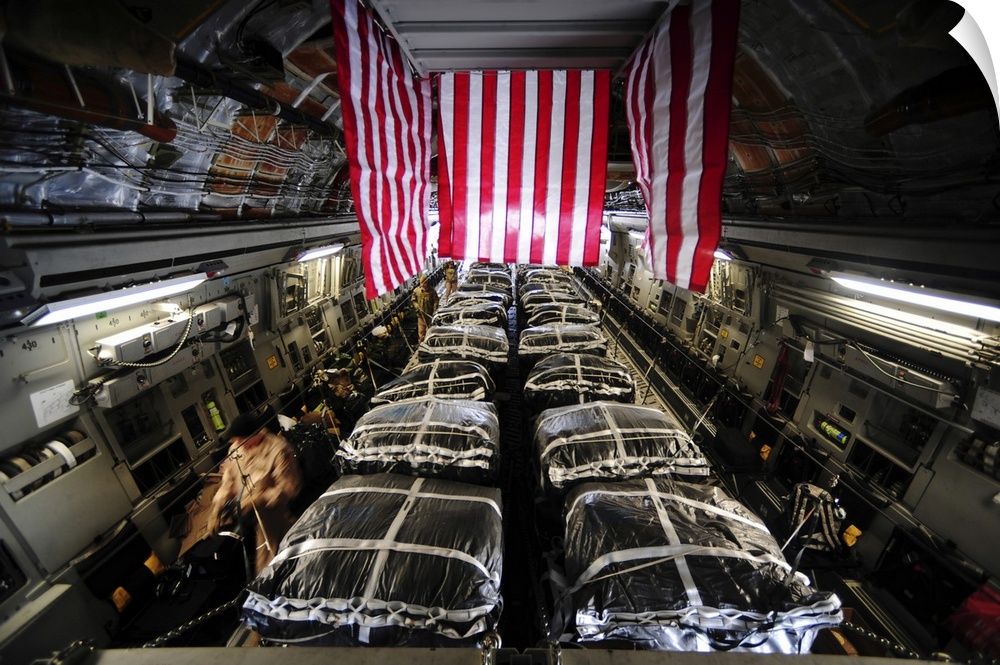 Pallets of cargo inside of a C-17 Globemaster III before conducting air delivery operations over Afghanistan.