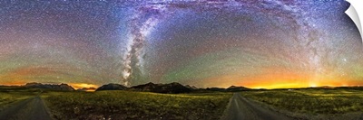 Panorama of the Milky Way and night sky at Waterton Lakes National Park, Canada