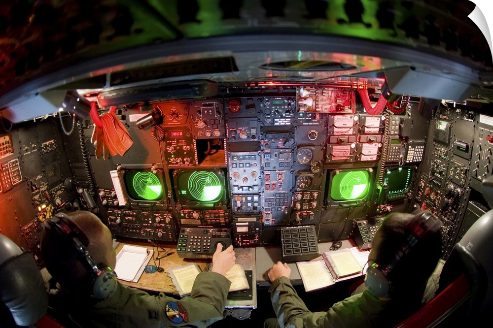 Pilots at the controls of a B-52 Stratofortress.