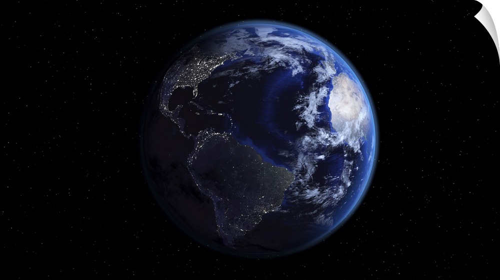 Planet Earth showing Americas, half night and half day with city lights.