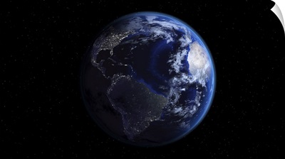 Planet Earth Showing Americas, Half Night And Half Day With City Lights