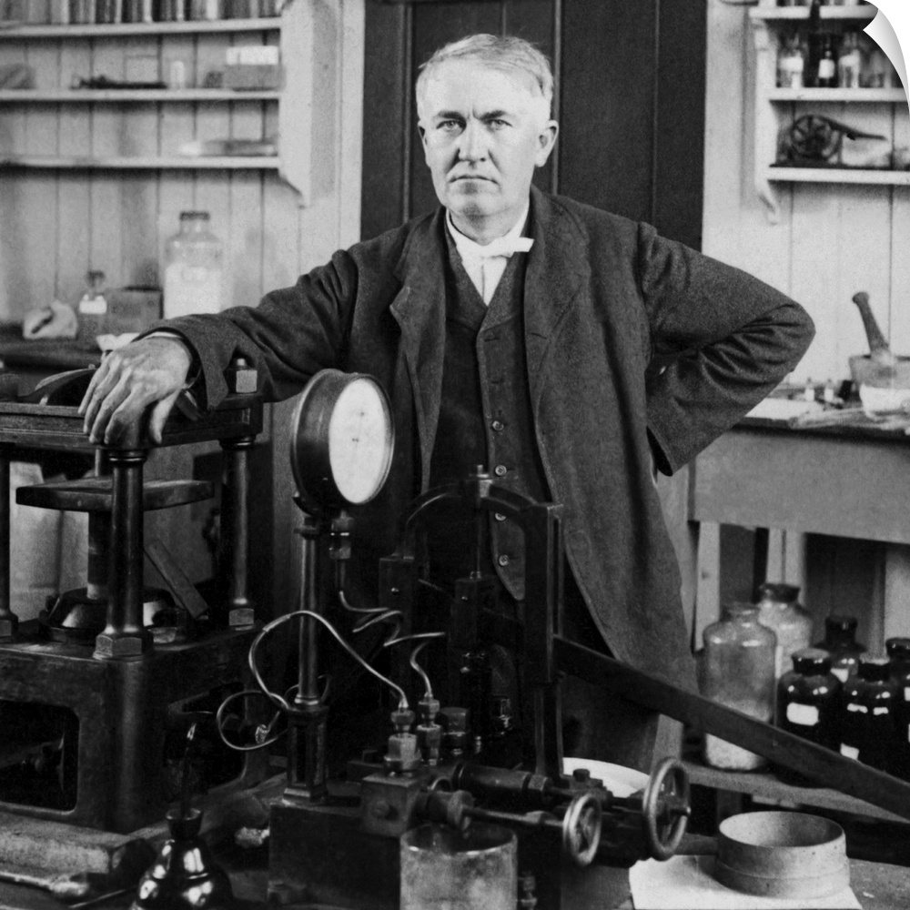 Portrait of American inventor Thomas Edison, posed inside his workshop, dated 1901.