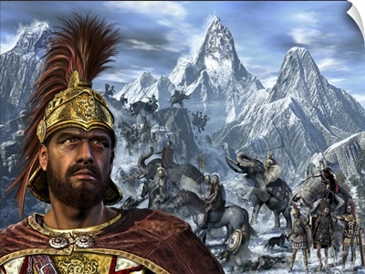 Portrait of Hannibal and his troops crossing the Alps