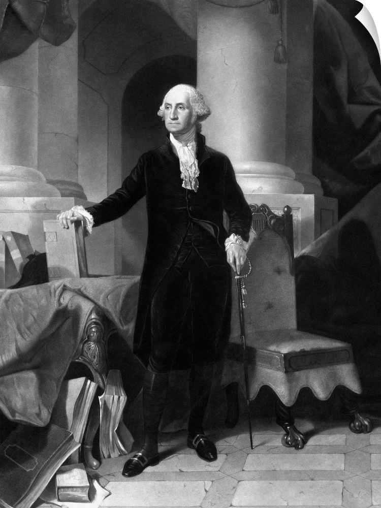 Vintage American History print of President George Washington standing, with one hand on a book and the other holding a sw...