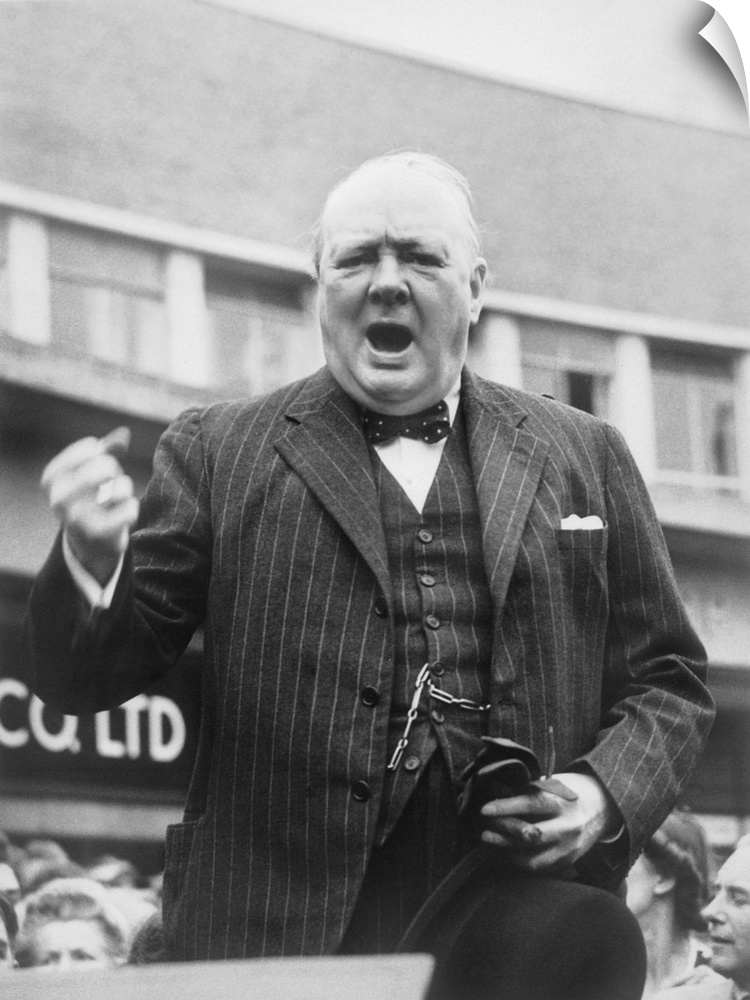 British history photograph of Prime Minister Winston Churchill during an election campaign speech, 1945.