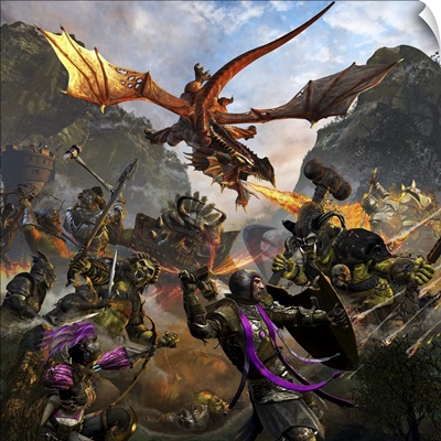 Red dragon and orcs attacking Royal Knights
