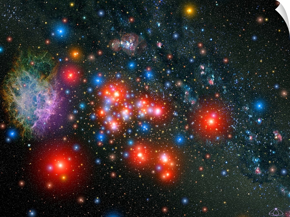 Bright and various colored stars are photographed in the galaxy.