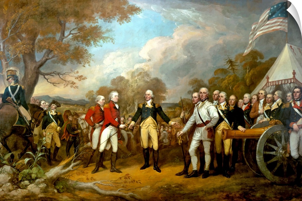 Giant, horizontal painting of a landscape scene during the Revolutionary War showing the surrender of British General John...