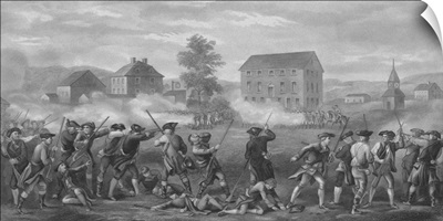 Revolutionary War print of American minutemen being fired upon by British troops