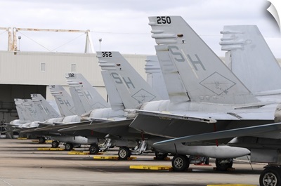 Row of US Marine Corps F/A-18 Hornet tail fins at MCAS Miramar