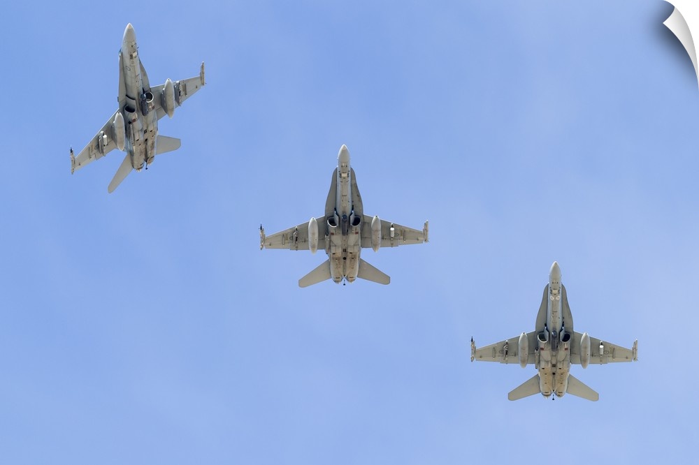 Royal Australian Air Force F/A-18A Hornets break overhead.