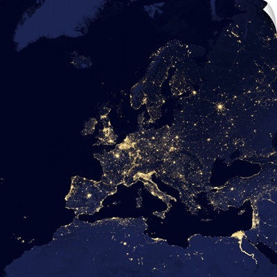Satellite view of city lights in several European and Nordic cities