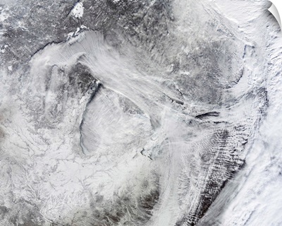 Satellite view of fog forming over the Great Lakes