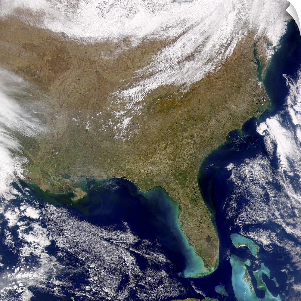 Satellite view of the southeastern United States. Smoke plumes are visible amongst the cloud-free skies.