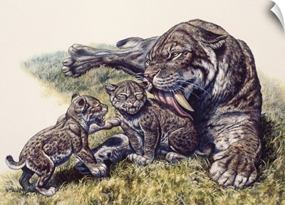 Smilodon sabertooth mother and her cubs