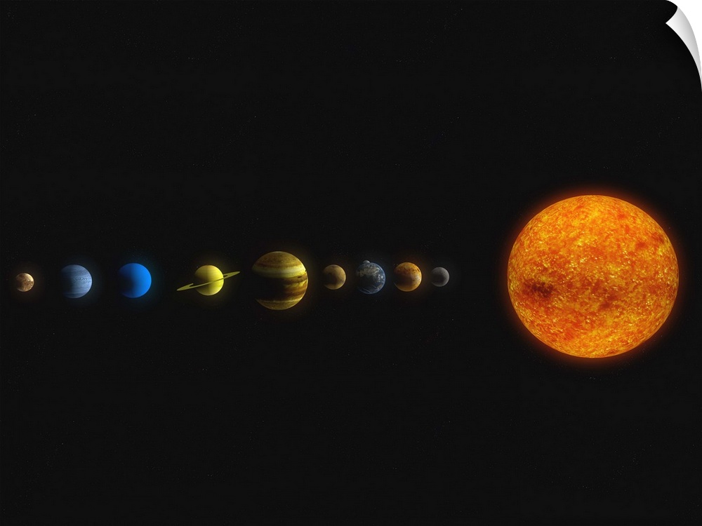 Large photo on canvas of the planets in a line to the left of the sun.