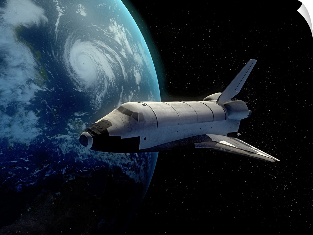 A shuttle glides through space with part of earth shown to the left and behind it.