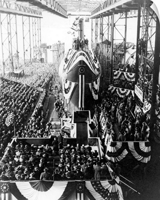 Spectators gather around the nuclear-powered submarine USS Nautilus