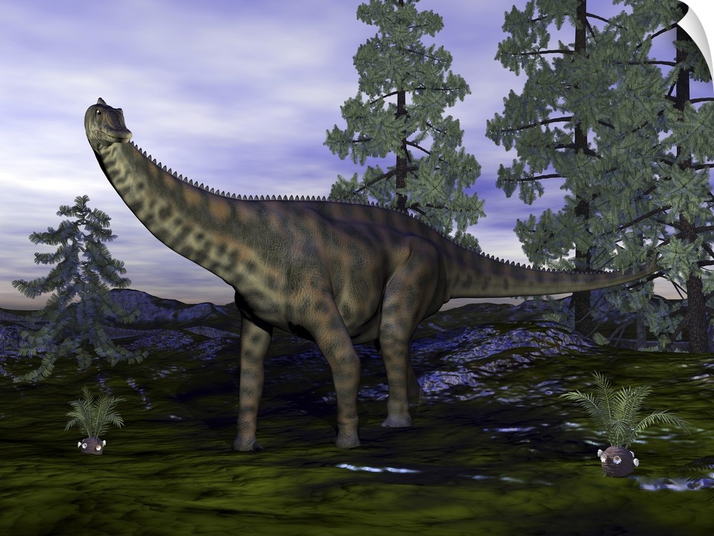 Spinophorosaurus dinosaur next to Wollemia pine trees.