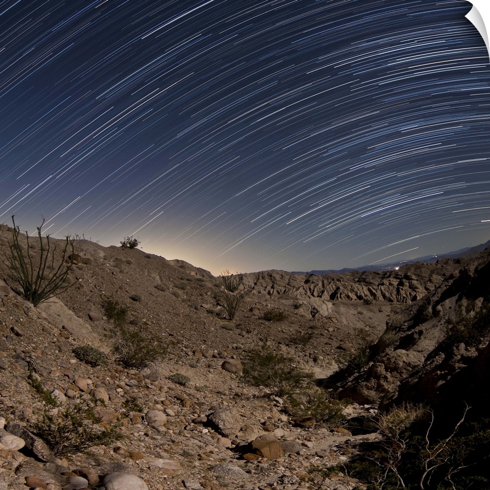 Star trails over one of the many rugged canyons in the Santa Rosa Mountains. Anza Borrego Desert State Park, California.