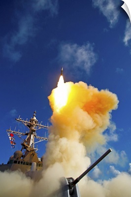 The Aegis-class destroyer USS Hopper launching a standard missile 3 Blk IA