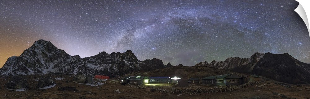 The arch of the Milky Way galaxy and bright zodiacal light band appear over this 360 degree view of Himalayas in the world...