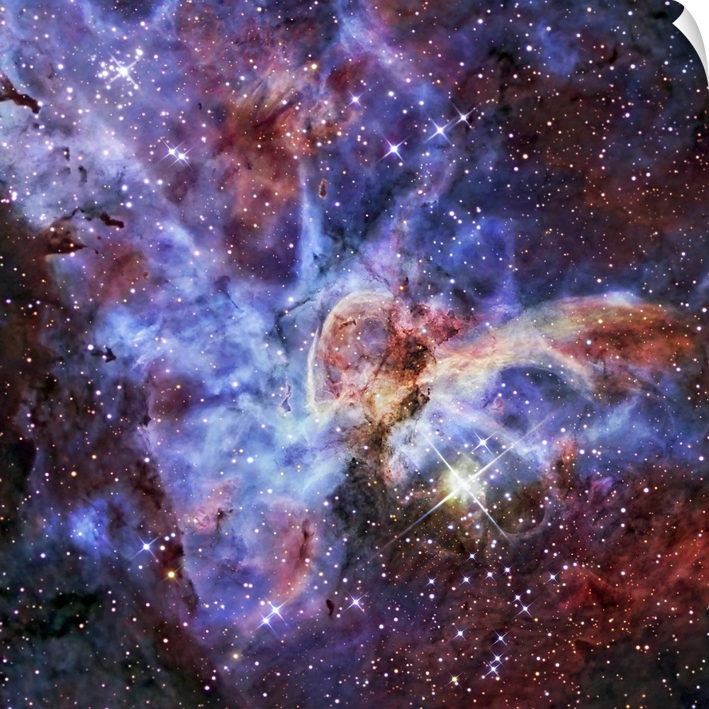 Photograph of interstellar cloud of dust, hydrogen, helium, and other gases with stars sprinkled about.