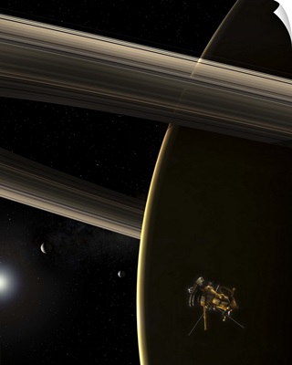 The Cassini spacecraft in orbit around the planet Saturn during sunrise