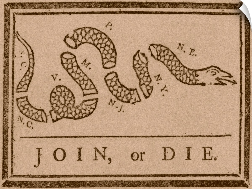 The Join or Die print was a political cartoon created by Benjamin Franklin. The snake shown is separated into segments, ju...