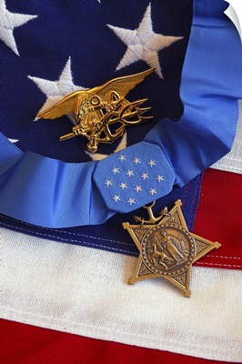 The Medal of Honor rests on a flag beside a SEAL trident