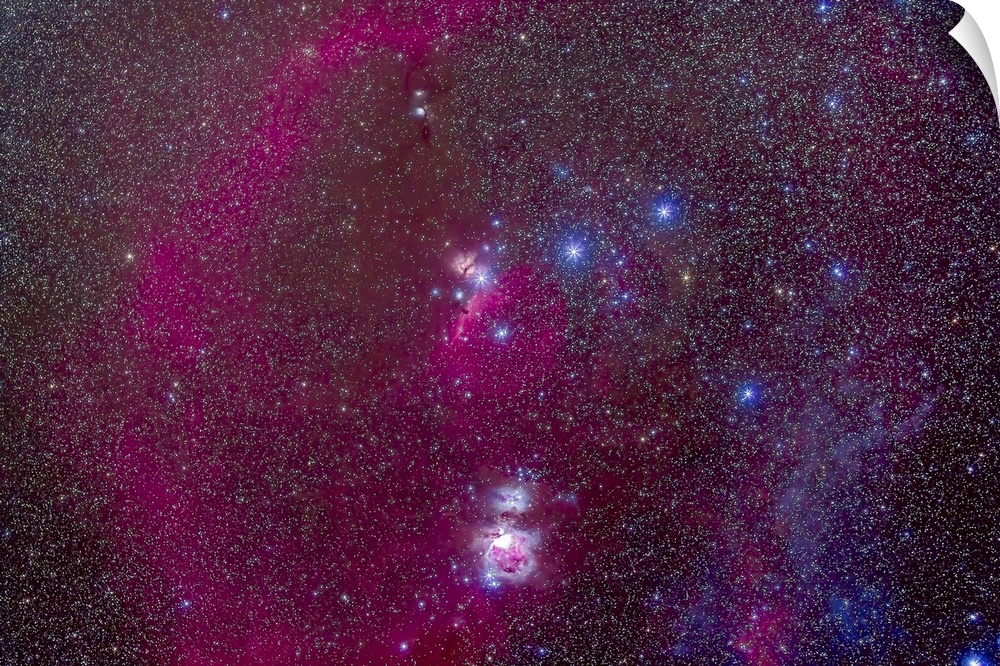 The Orion Nebula, Belt of Orion, Sword of Orion, Barnard's Loop (left), small reflection nebula Messier 78 (above center),...