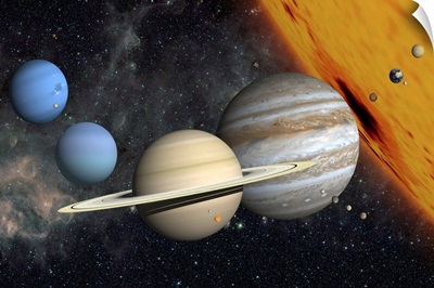 The planets and larger moons to scale with the Sun