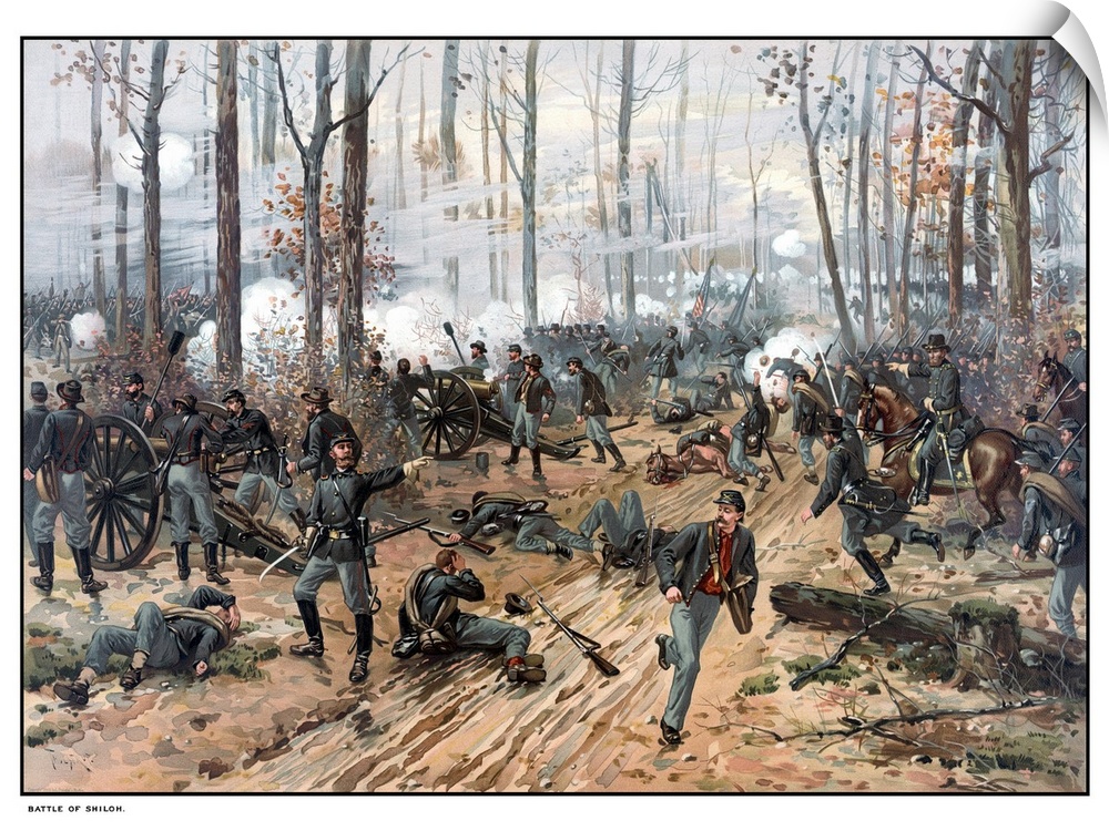 This Civil War painting shows Union and Confederate troops at The Battle of Shiloh. Shiloh, also known as the Battle of Pi...