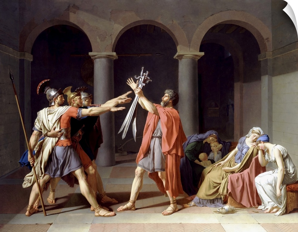 Painting depicting the three ancient Roman Horatii brothers saluting their father as he holds their swords aloft before th...