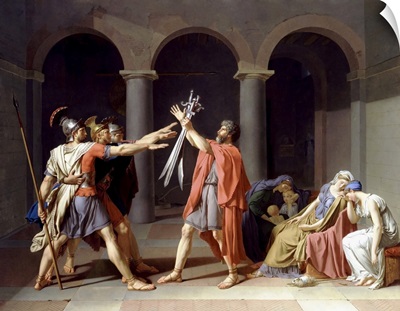 Three Ancient Roman Horatii Brothers Saluting Their Father As He Holds Their Swords