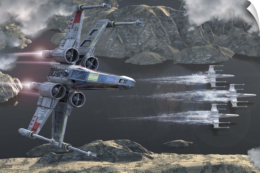 A fleet of X-Wings flying through a rocky valley.