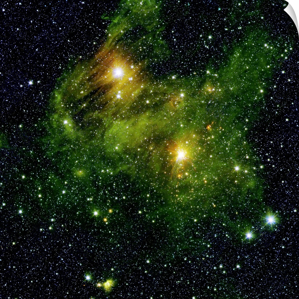 Two extremely bright stars illuminate a greenish mist in deep space. This fog is comprised of hydrogen and carbon compound...
