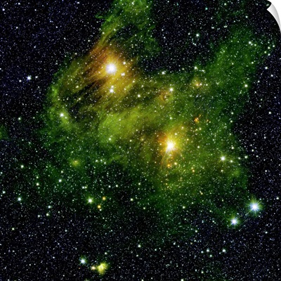 Two extremely bright stars illuminate a greenish mist in deep space