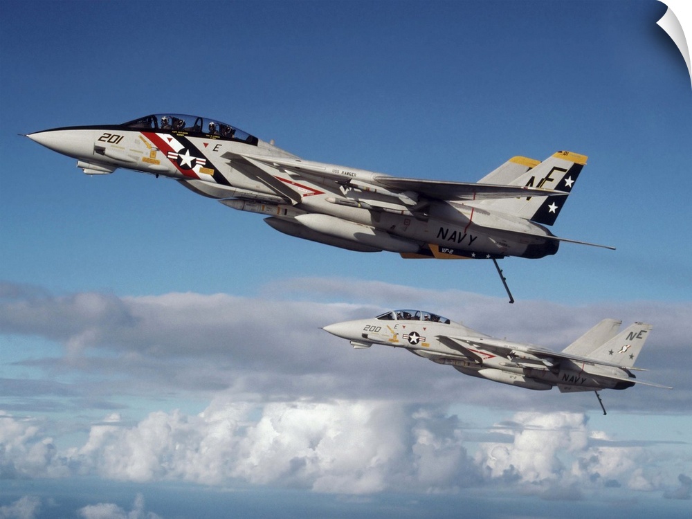 October 1987 - Two F-14A Tomcats from U.S. Navy Fighter Squadron 2 (VF-2) during operations in the Indian Ocean.