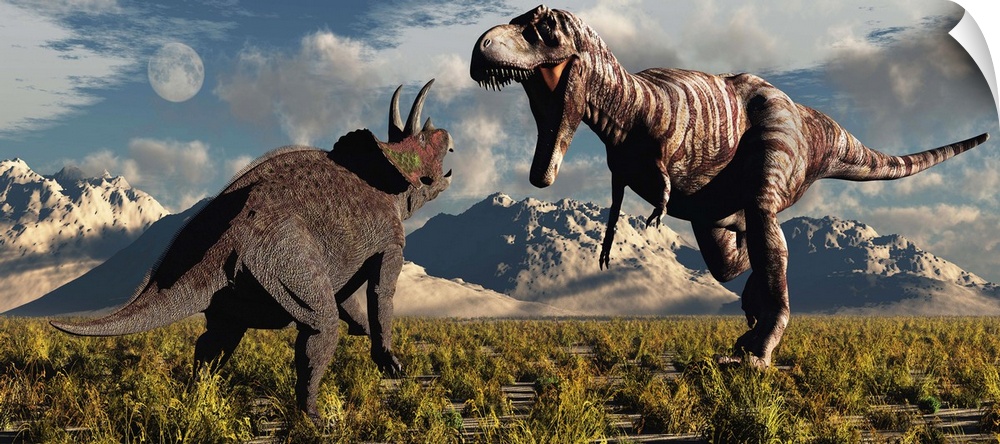 Tyrannosaurus Rex and Triceratops involved in a battle to the death during Earth's Cretaceous Period of time.