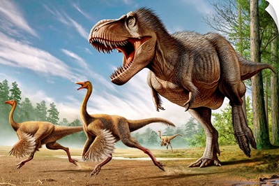 Tyrannosaurus Rex attacking two Struthiomimus dinosaurs