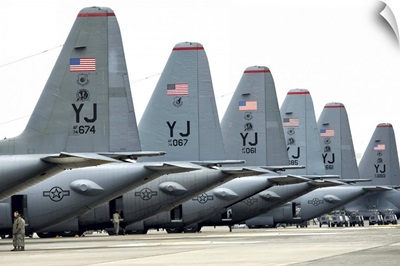 U.S. Air Force C-130 Hercules aircraft on the flight line at Yokota Air Base