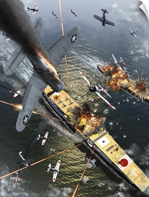 U.S. Aircraft Bomb The Japanese Aircraft Carrier Akagi, World War II, Battle Of Midway