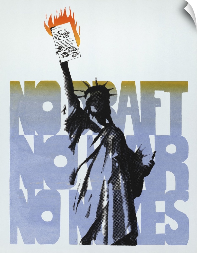 Contemporary 20th century U.S. history print showing the Statue of Liberty holding up a burning draft card instead of her ...
