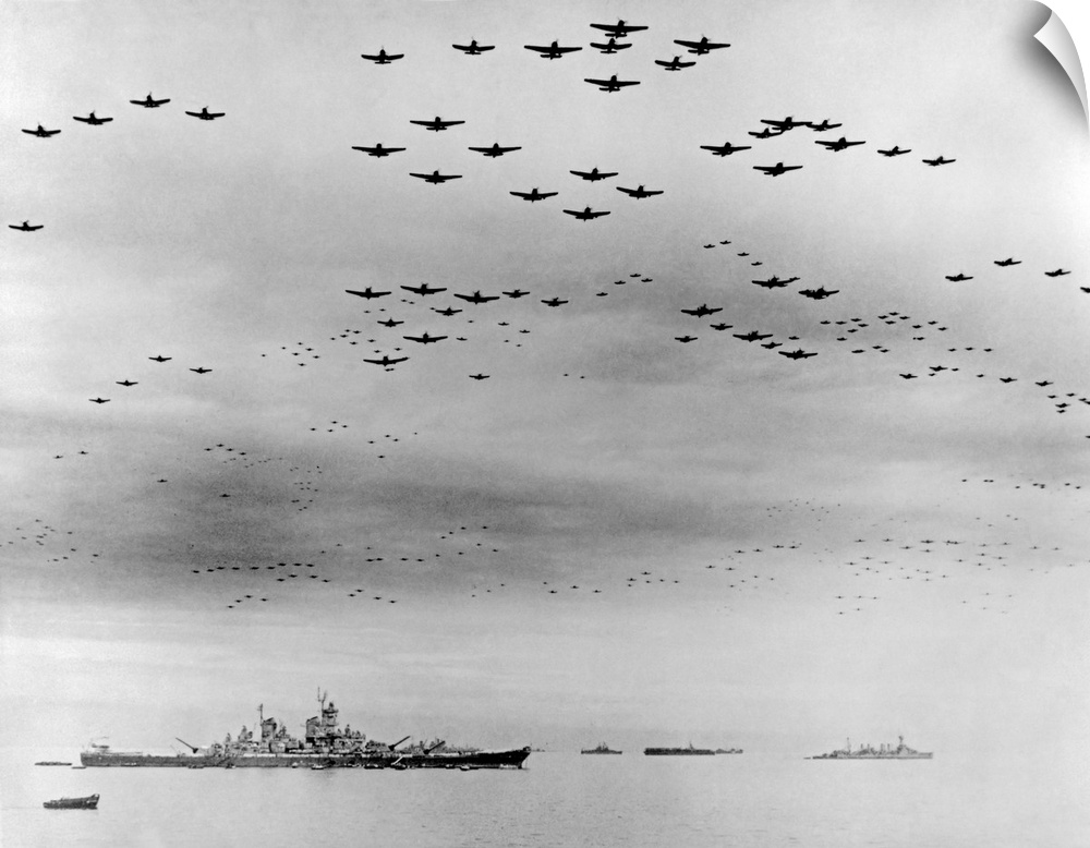September 2, 1945. - An aerial view of Tokyo Bay with U.S. Navy carrier planes flying in formation over the British and U....