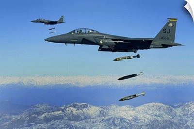 US Air Force F15E Strike Eagle aircraft drops 2000pound joint direct attack munitions