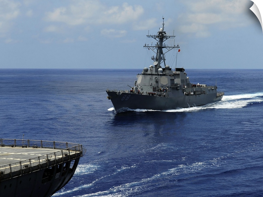Guided-missile destroyer USS Preble approaching the Military Sealift Command oiler USNS John Ericsson.